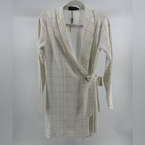 NWOT Pretty Little Thing Blazer Wrap Dress White Windowpane Plaid, Women's 8